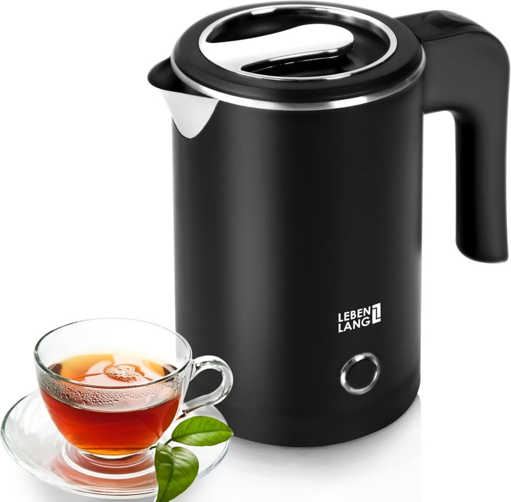 LEBENLANG Reise Wasserkocher Edelstahl Klein 0 5 Liter & BPA-Frei - Reisewasserkocher 600W Energiesparend Energieeffizienz - Mini Camping Kettle Schwarz 0.5 0,5 l, LBL2319
